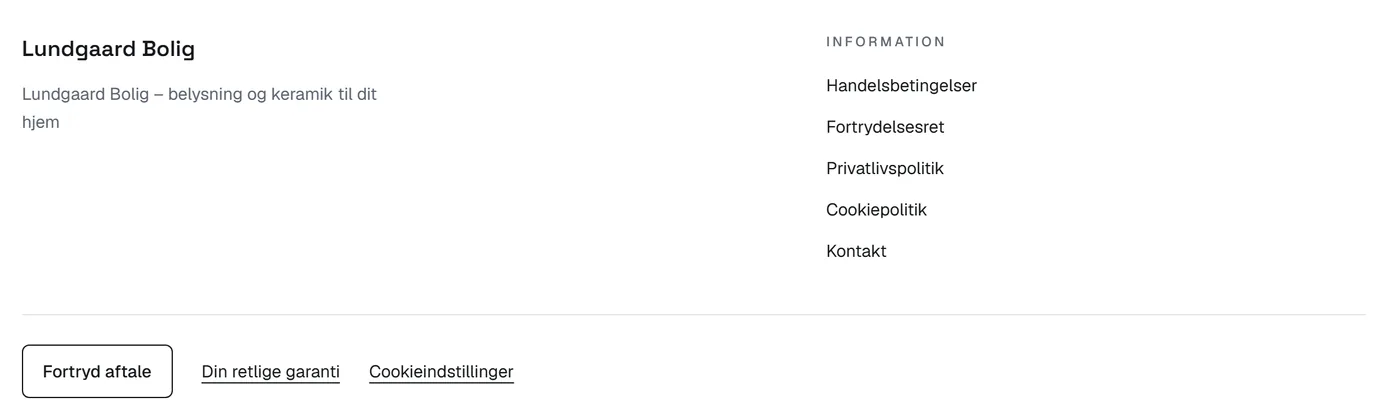Footeren i demobutikken: siderne Handelsbetingelser, Fortrydelsesret, Privatlivspolitik, Cookiepolitik og Kontakt, samt knappen 'Fortryd aftale', 'Din retlige garanti' og 'Cookieindstillinger'.